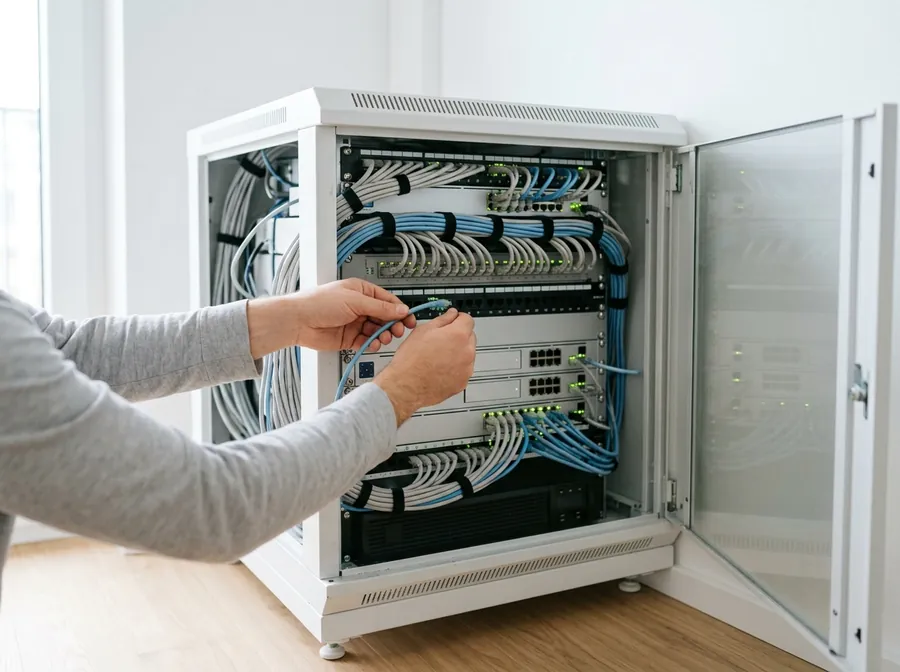 Techniker prüft die Verkabelung im Serverschrank eines Unternehmens